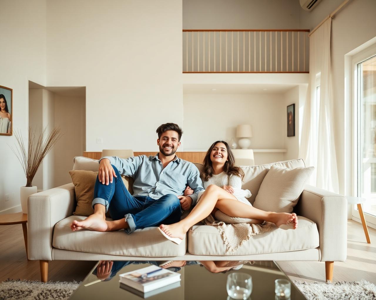 Happy Miami couple relaxing in their clean living room